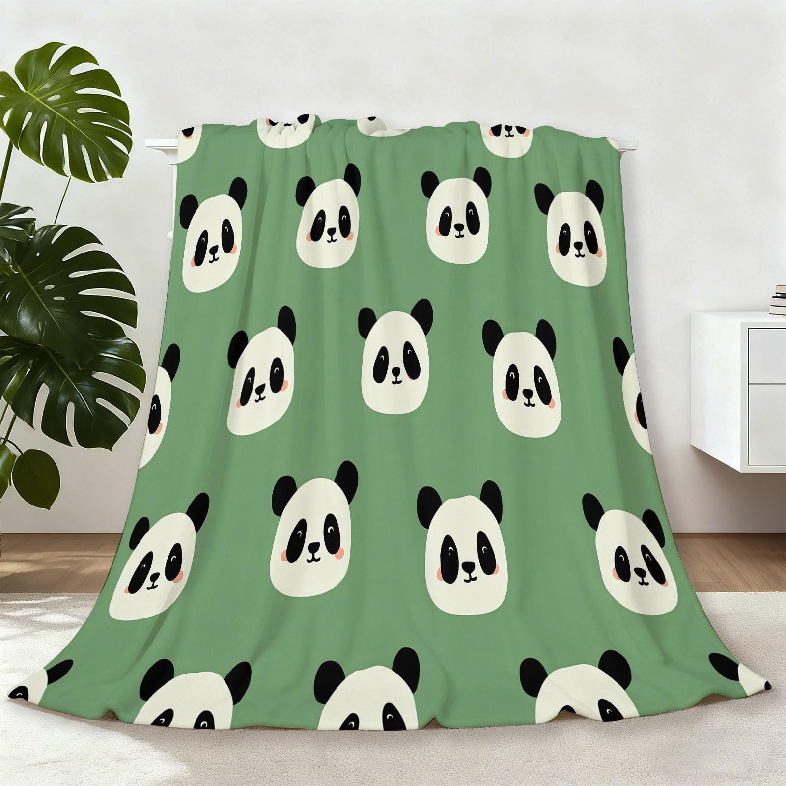 Couverture polaire panda 220x240 cm en peluche blanche et verte pour grand lit et canapé