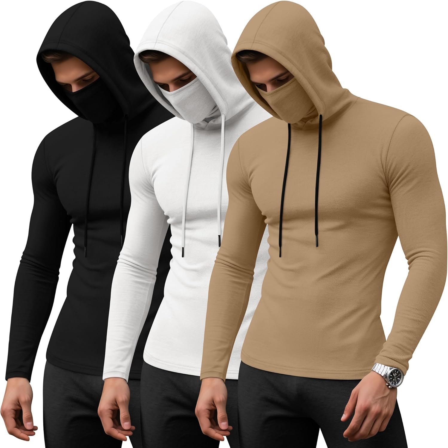 August Alley 3 Pack Men's Sports Hoodies with Mask Compression Long Sleeve Thermal Shirts Base Layer Tees Running Pullover