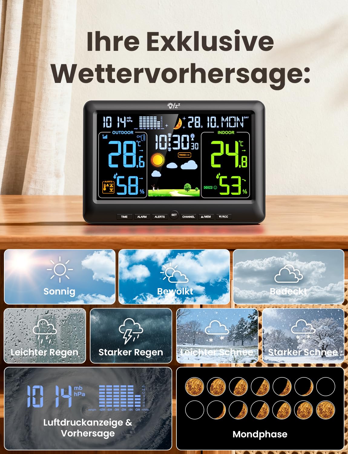 LIORQUE Wetterstation Funk mit 1 Außensensor Innen und Außen Funkwetterstation Digital Thermometer Hygrometer mit Wettervorhersage DCF-Funkuhr Weather Station für Zuhause Büro Hausgarten