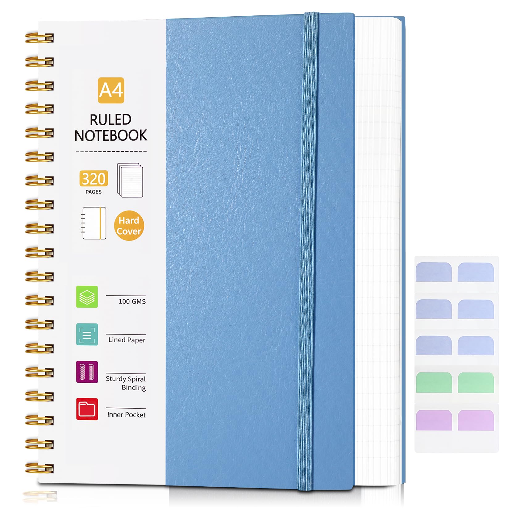 Hardcover Spiral Notebook, College Ruled Notebook Journal with 320 Pages, 8.5''×11'' Lined Journaling for Women Men, A4 Leather Writing Journals for Work, School, Office, 18pcs Index Tabs, Light Blue