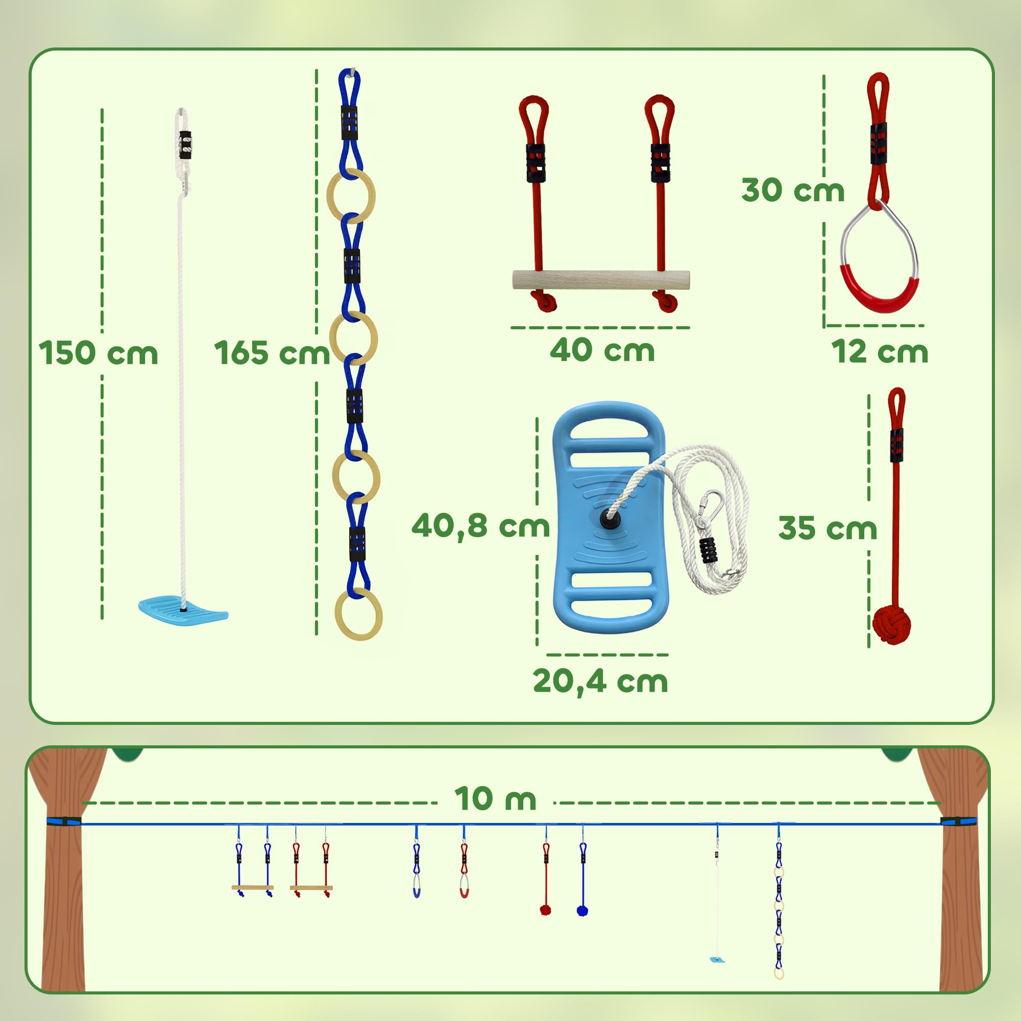 AIYAPLAY Ninja Line Kinder 10m 9-teilig Slackline Set mit 2 Turnringe, 3-in-1 Schaukel, 2 Kletterstange, Baumschutz, 2 Greifbällen, Tasche Outdoor Spielset Ausrüstung für 3-8 Jahre Kinder Mehrfarbig