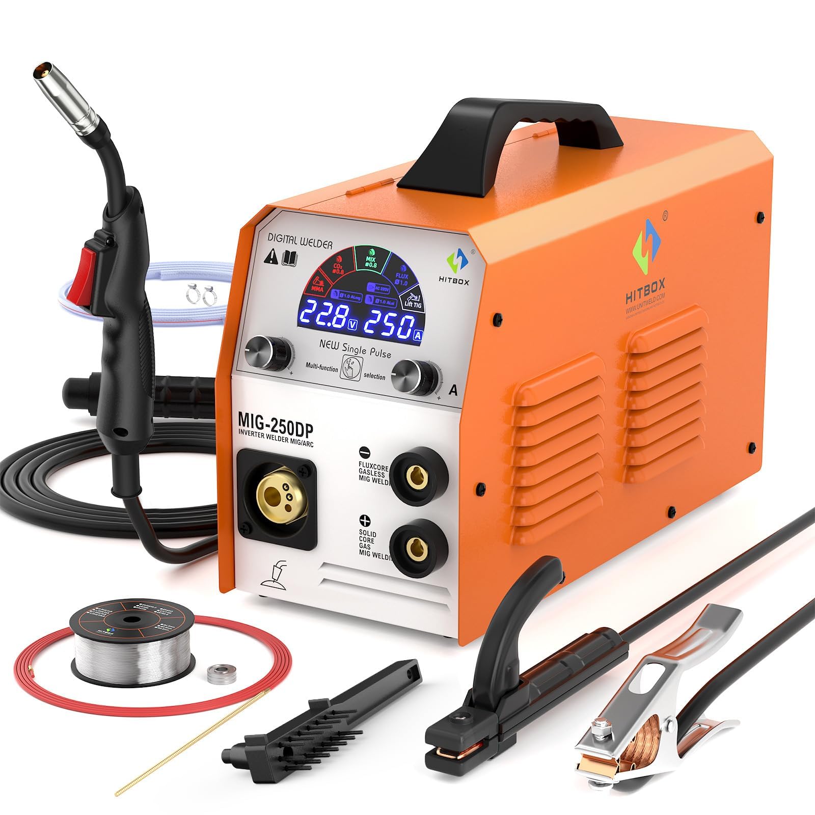 HITBOX Soldadora MIG 250A 5 en 1 Multiproceso Monopulso – Máquina de Soldar Inverter IGBT con Pantalla a Color, para MIG/MAG/TIG/ARC, Soldadura de Aluminio y Acero al Carbono (MIG250DP)