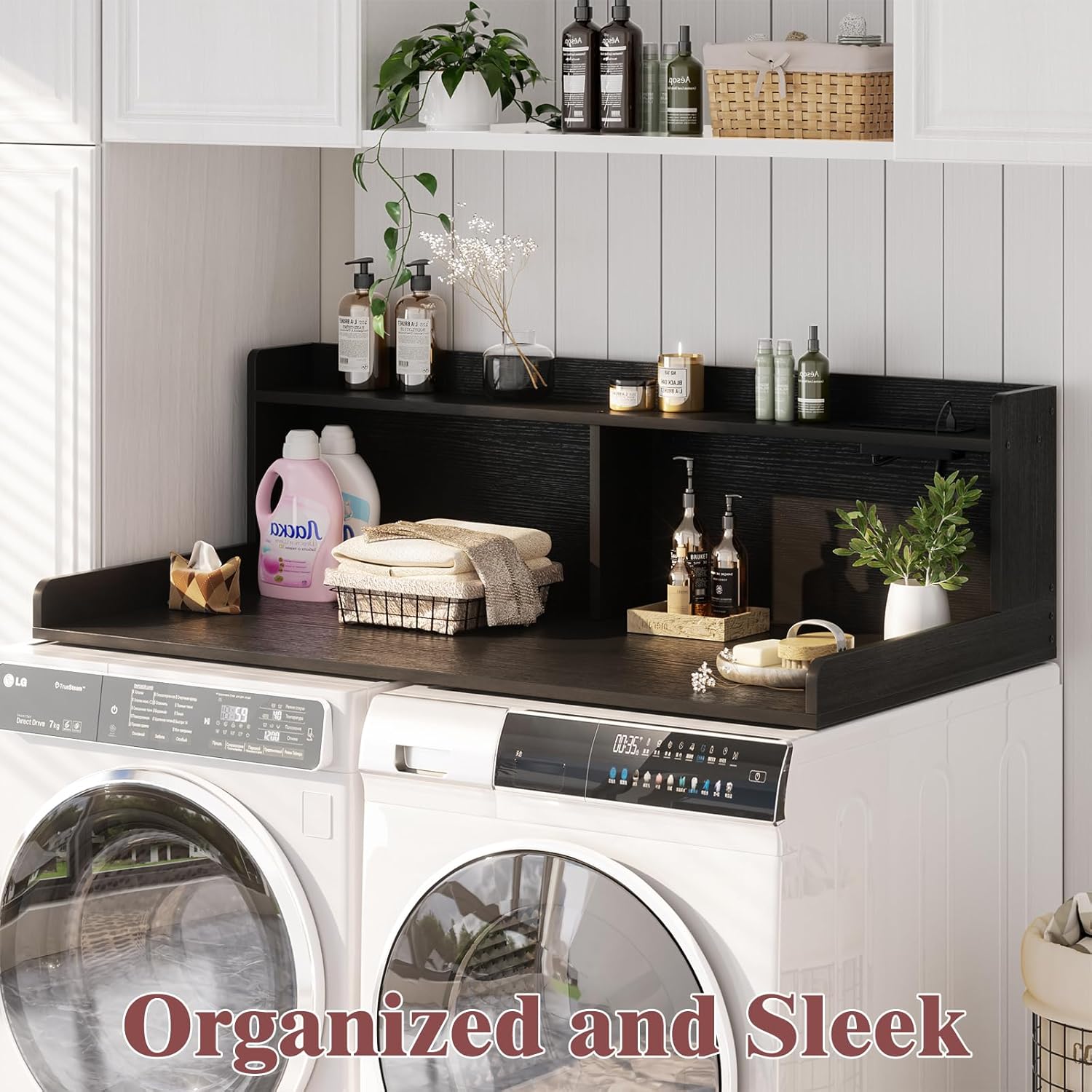 Aheaplus Washer and Dryer Countertop, 2-Tier Laundry Countertop Cover with LED Lights and Power Strip, Large Space Laundry Topper with Shelf for Laundry Room Organization, Black