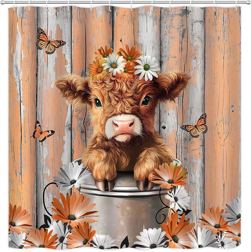 Funny Highland Cow Shower Curtain Farm Orange Daisy Floral Rustic Western Farmhouse Animal Calf Country Wooden Board Polyester Curtains Bathroom Decor with Hooks 70" Wx84 H