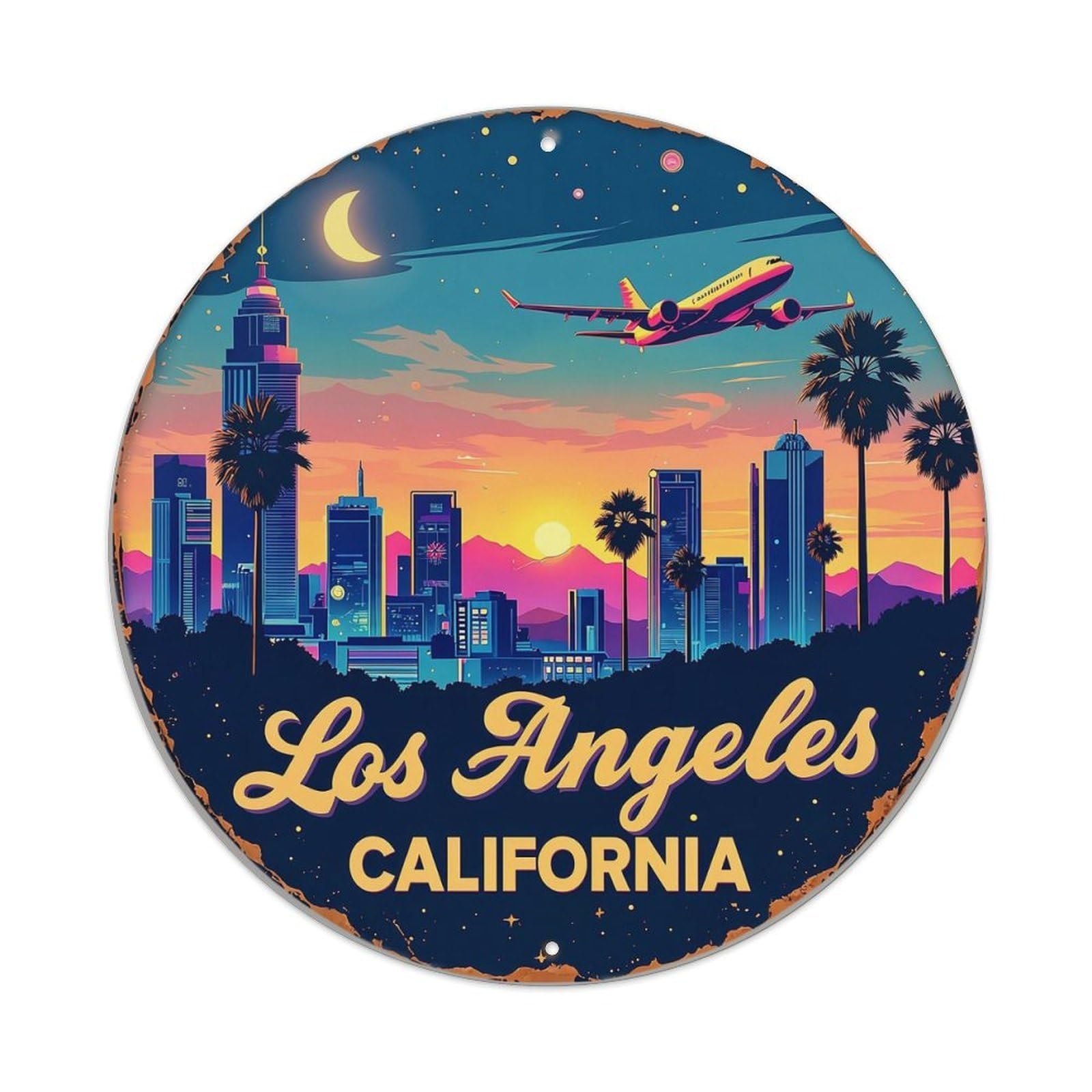 Los Angeles California Cityscape Vintage Metal Tin Sign Retro Wall Decor for Home Bar Garage Cafe, Indoor & Outdoor Decorative，circle Metal Poster, 8x8 Inch