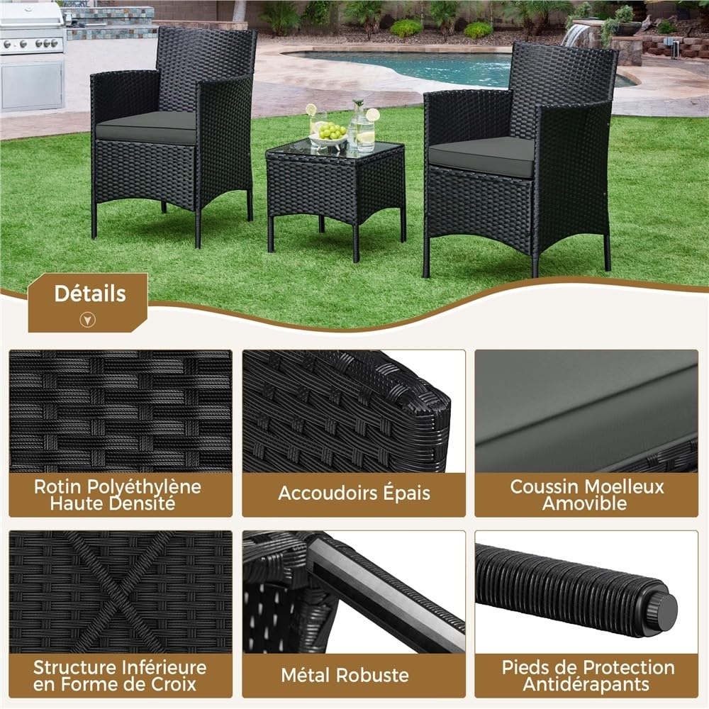 Yaheetech Salon de Jardin Exterieur Ensemble Mobilier de Jardin 2 Personnes Fauteuils et Table Basse Plateau Verre 2 Coussins Tressée pour Balcon Noir/Girs