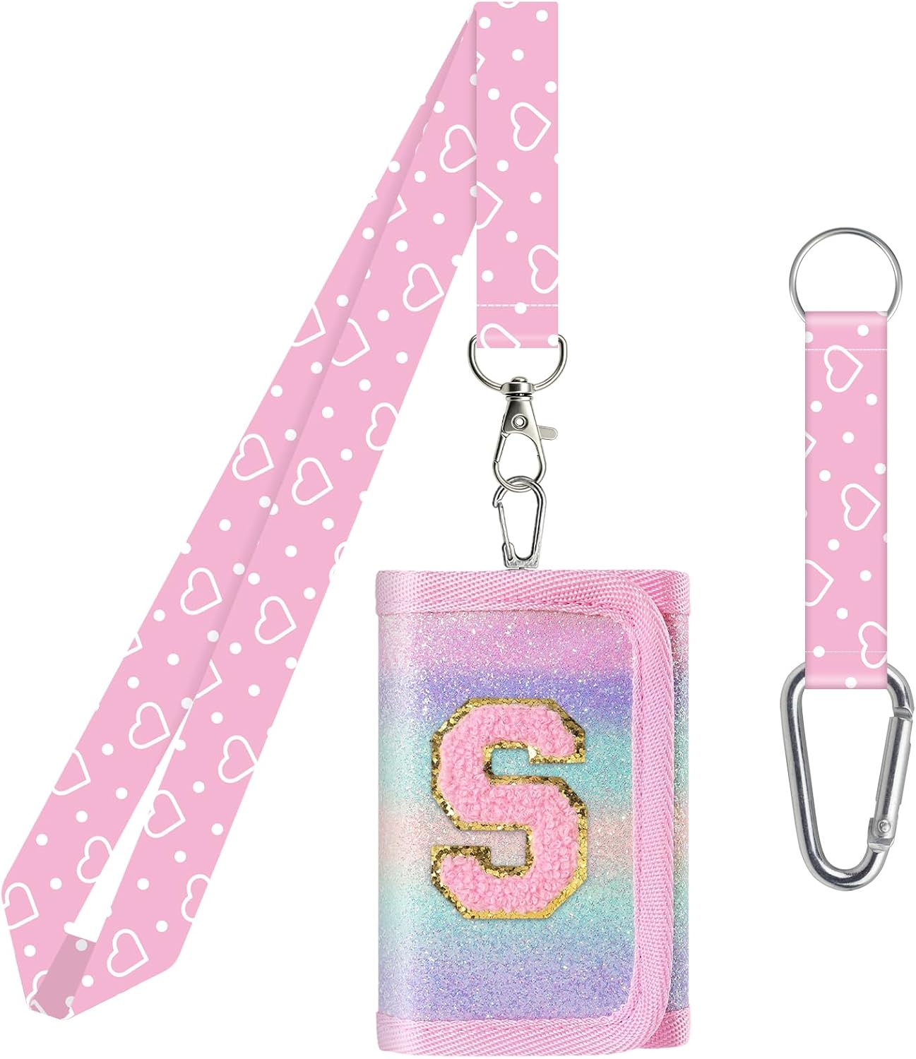 DEEKI Sparkly Tri-fold Wallets for Girls Canvas Wallets with Lanyard&Initials Cute Alphabet Letter Coin Pocket for Teen Birthday Gifts Pink-S