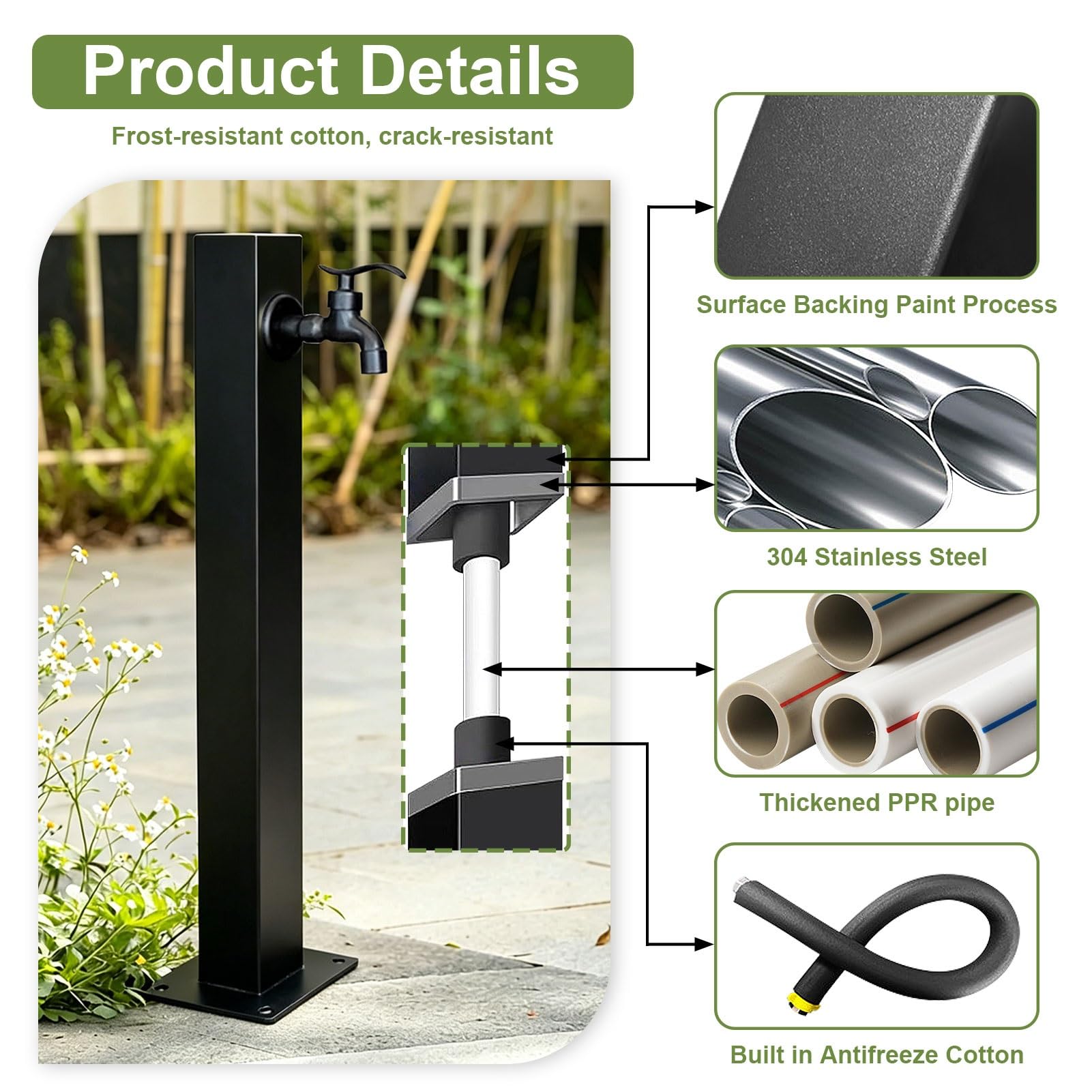 Columna de agua para exterior con grifo, grifo de jardín de acero inoxidable 304 con soporte para manguera, grifos para patio resistente a la congelación y al óxido(Height: 95cm/37.4in)