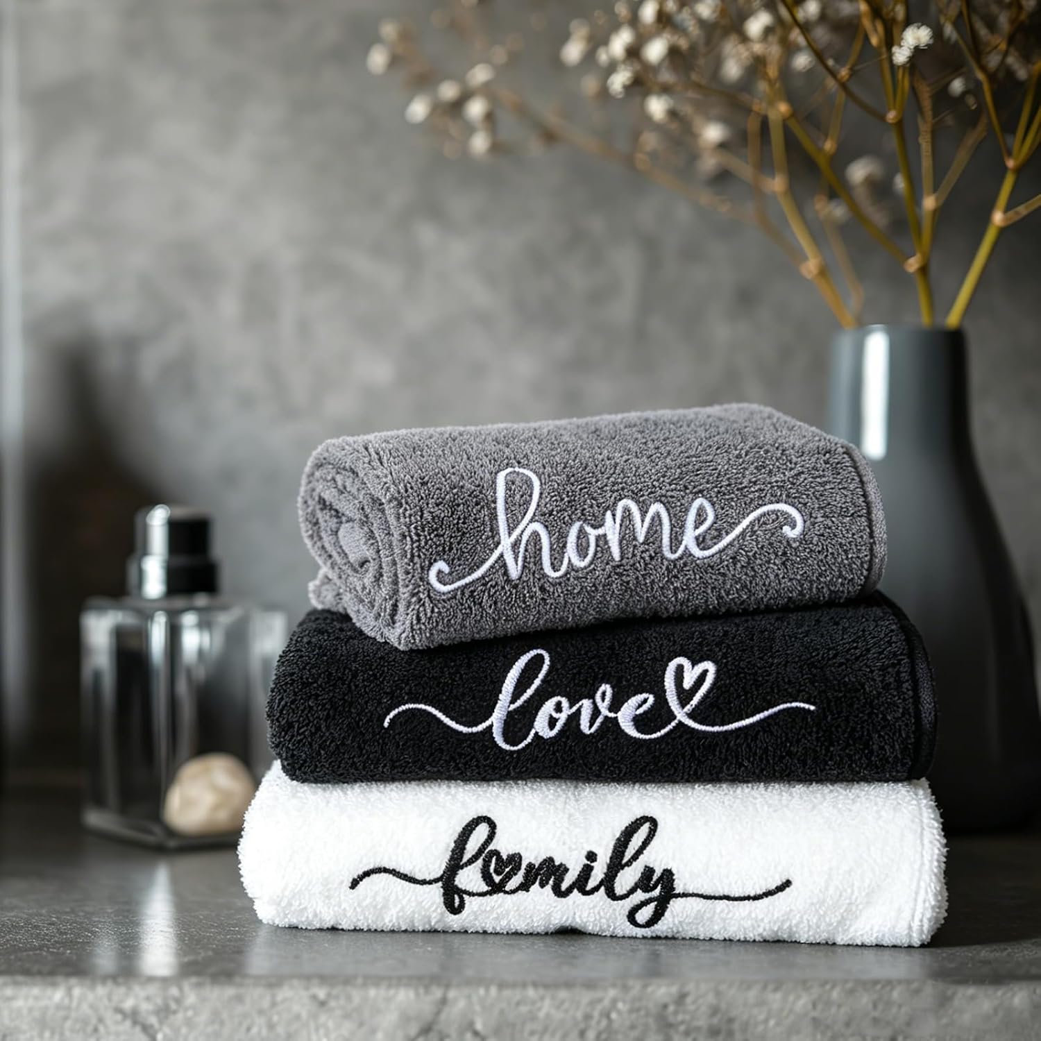 Booson 3 Pcs Farmhouse Decorative Hand Towels Bathroom Decor Kitchen Rustic Embroidered Cotton Dish Towels for Boho Decorative Home Bathroom Housewarming Gift 13x29 inch (Black, Home Love Family)