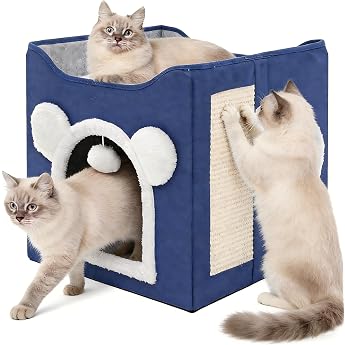 Cat House Dog House Foldable Cat Basket with 2 Removable Cushions Hanging Ball and Scratching Board Cat House 40 x 40 x 40 cm Blue