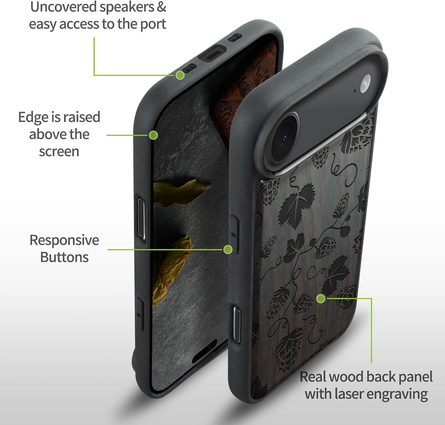 Carveit Magnetic Wooden Case for iPhone Air Case, Wood Artisan Engraved & Soft TPU Shockproof Cover, Compatible with MagSafe 17 Air Wireless Chargers (Hops & Vines Elegance) Blackwood