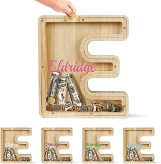 Bemaystar Personalized Letter Piggy Bank for Kids-Kids Piggy Bank for Boys Girls, 7/9/12 Inch Wooden Coin Bank Money Bank (E, Personalized)