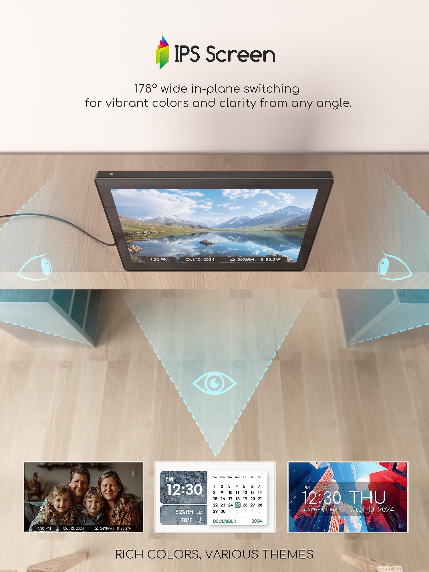 Raynic Reloj digital, calendario de pantalla grande de 10.1 pulgadas con 12 temas, 20 alarmas, 20 recordatorios, atenuación automática, 12/24 horas, temperatura, humedad para personas mayores,