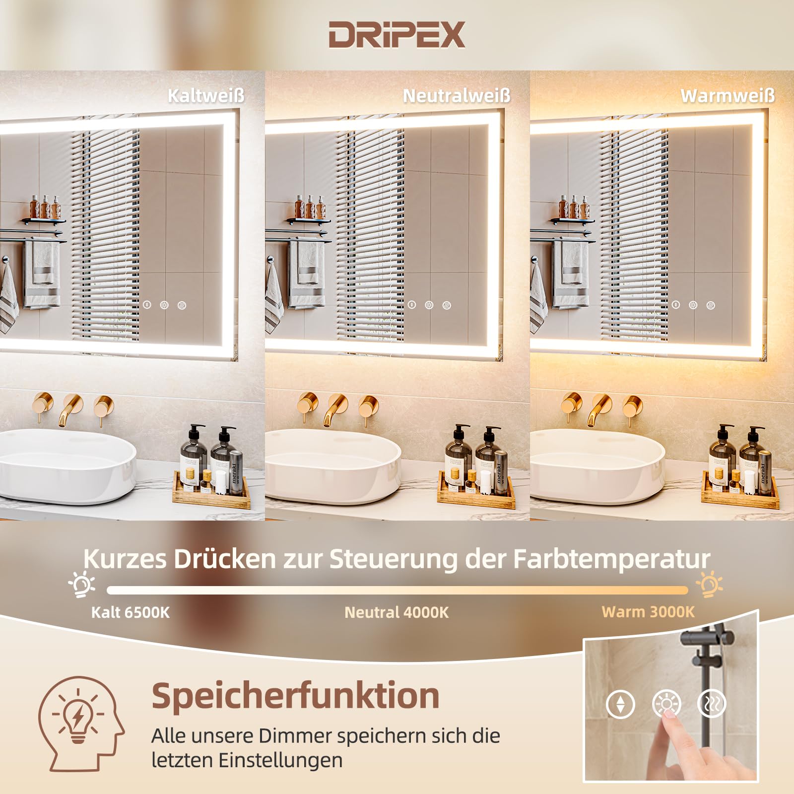 Dripex Espejo de Baño con Luz LED 100 x 80 cm, Interruptor Antivaho Independiente, 3 Temperaturas y Brillo Ajustable, Memoria, con Botón Impermeable Físico - Horizontal/Vertical