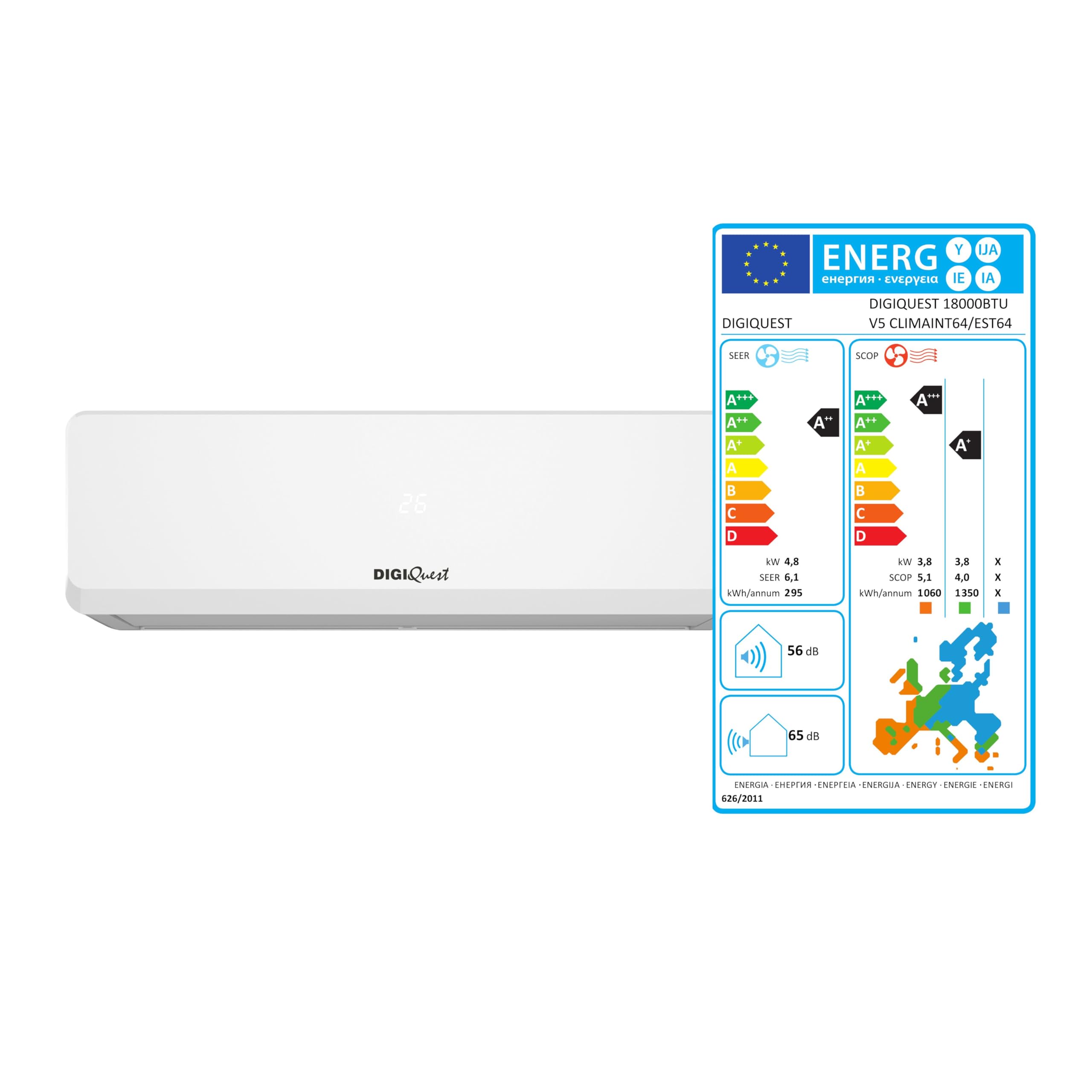 Climatizzatore Digiquest Inverter V5 18000BTU | Wi-Fi integrato | R32 | Classe A++ Raffreddamento/A+++ Riscaldamento | I FEEL | Flusso d’aria 3D | TURBO | Notte | SEER 6,1 | SCOP 5,1 | CLIMA00064