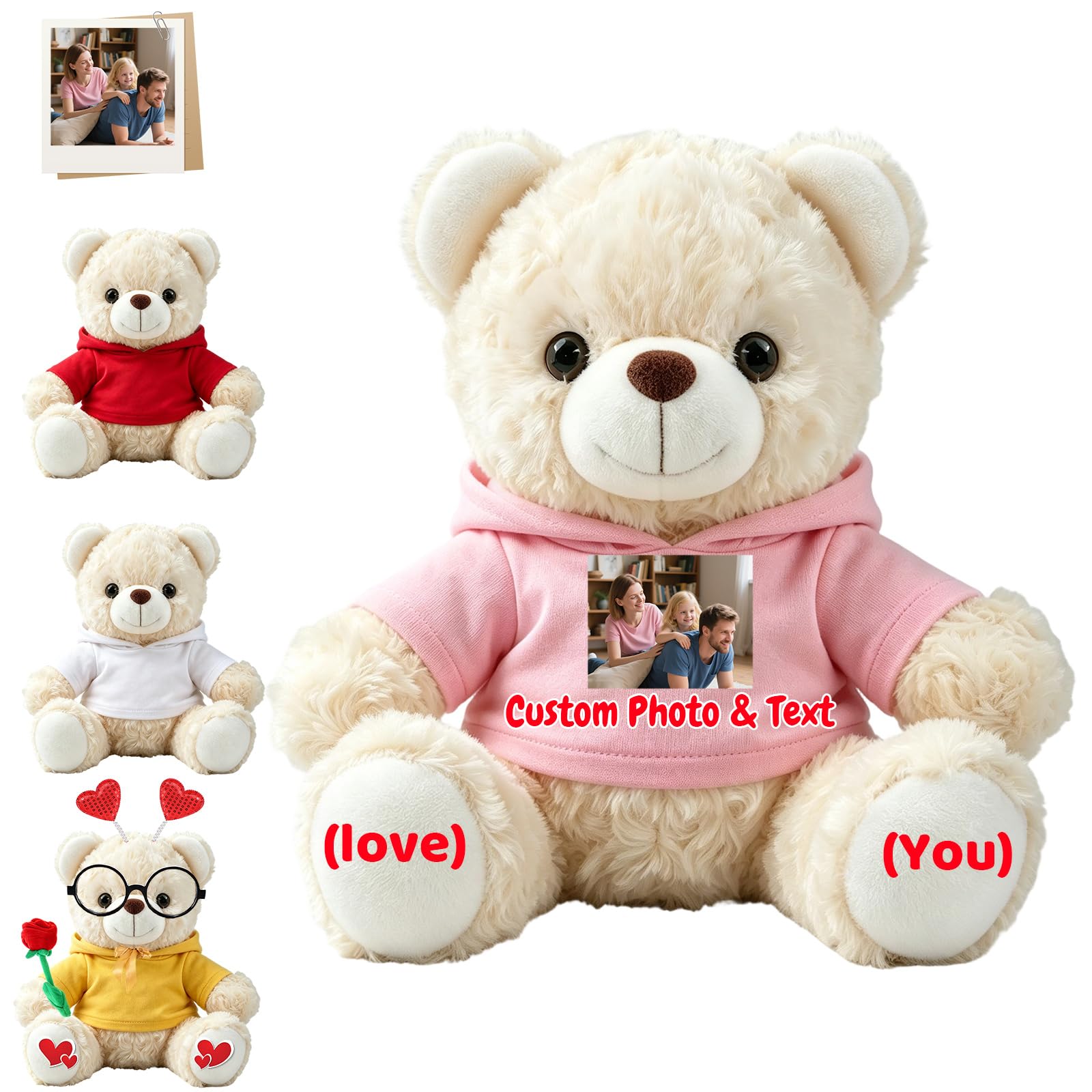 FAHOXUMR Custom Teddy Bear Stuffed Animal with Photo and Text for Boyfriend Girlfriend, 8 Inch Soft White Teddy Bear with Clothes as Gift for Valentine Christmas Anniversary Graduation