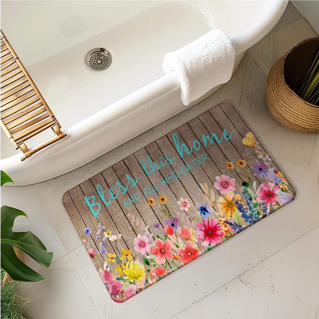 Floral Christian Door Mat, Bless This Home and All Who Enter Doormat for Front Door Indoor Outdoor Entrance Porch, Floral Religious Welcome Mat Outside, Christian Bath Mats, 17x30 Inches