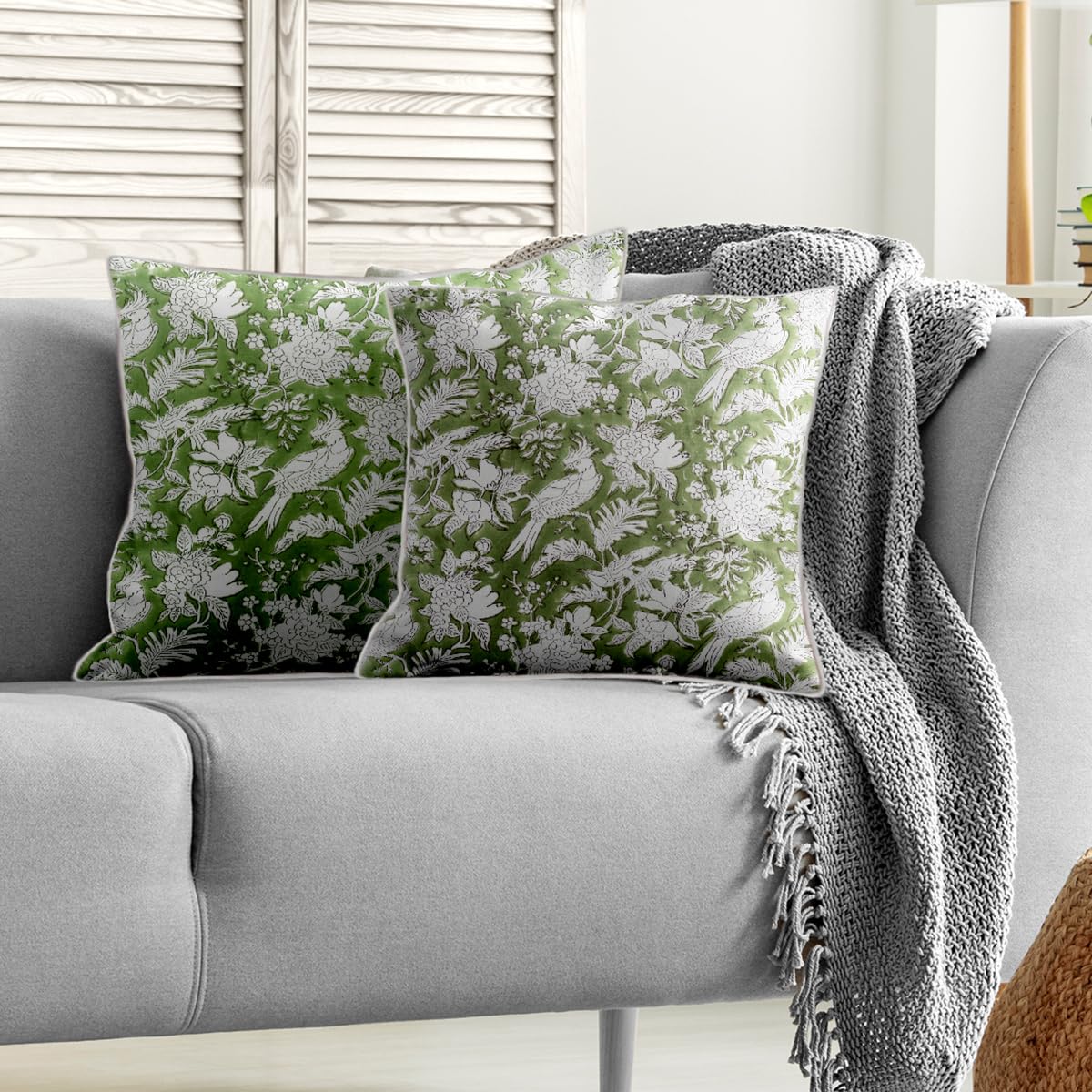 CPC Throw Pillow Covers for Couch, 20x20 Decorative Couch Pillows for Living Room, 100% Cotton Boho Pillow Case or Cute Outdoor Pillows, Flower Pillow Covers or Preppy Throws-Olive Green