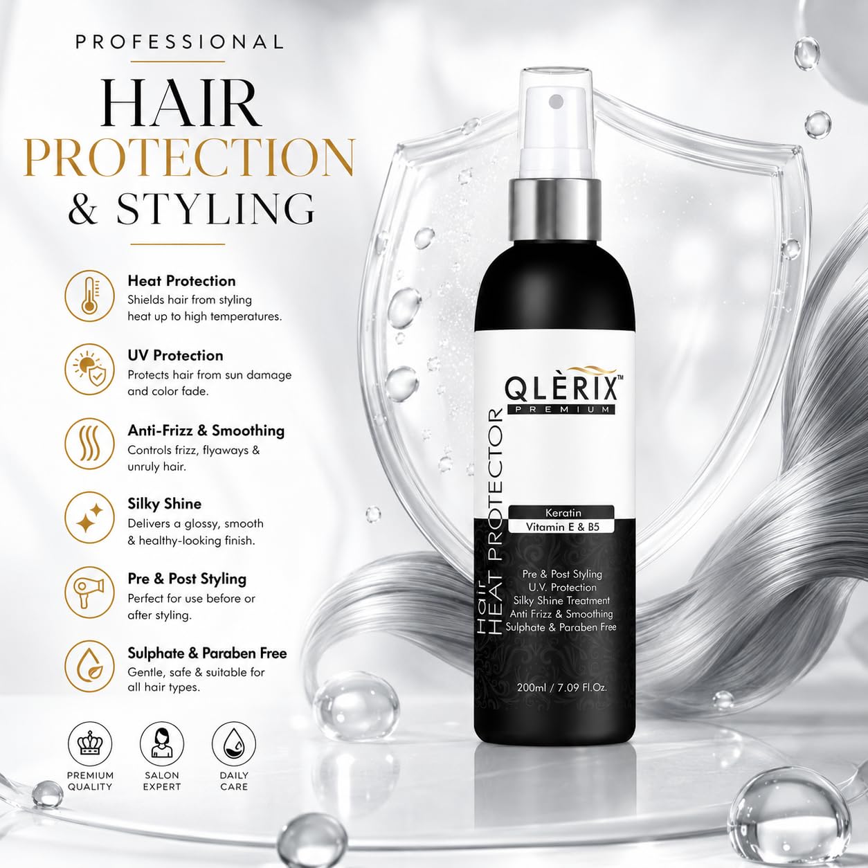 QLERIX Premium Hair Heat Protection Spray - 200ml | Heat Protectant for Women & Men | Straightening, Smoothening, Hair Styling | Frizz Control | Paraben & Sulfate-Free