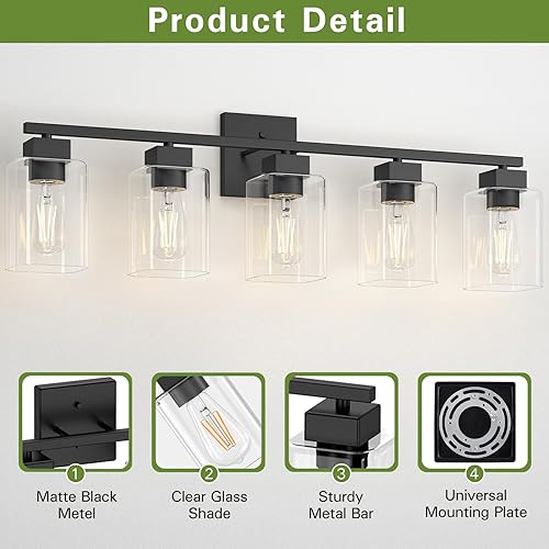 Miniatura 6 de Espird Lámpara de tocador de baño de 5 luces, color negro mate, diseño cuadrado y certificación UL, accesorios de iluminación negros de 31 pulgadas