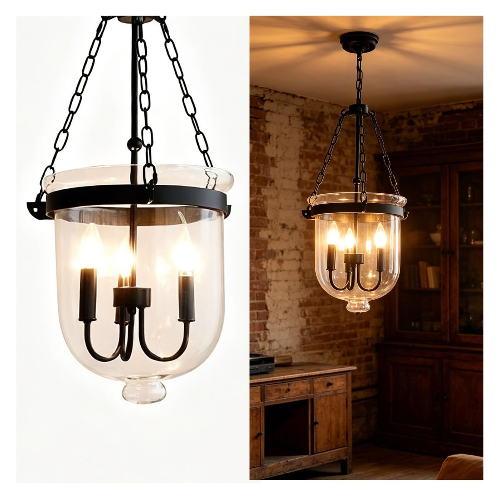 LUOYAOB Vintage Clear Glass Bell Jar Chandelier Rustic Hanging Ceiling Light 3 Light Black Metal Lantern Fixture for Farmhouse Kitchen Hallway Entryway and Foyer(30cm)