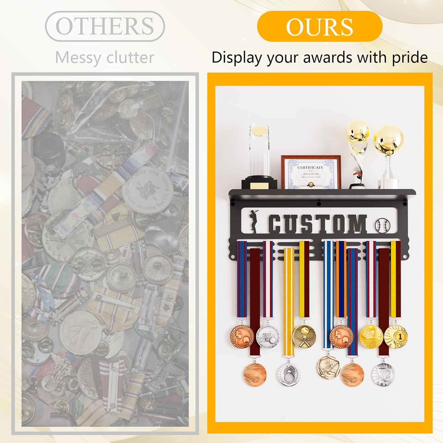 Medal Holder Display with Trophy Shelf - Race Medal Display Upgraded Medal Holder Display for Gymanstics, Race, Soccer, Swim