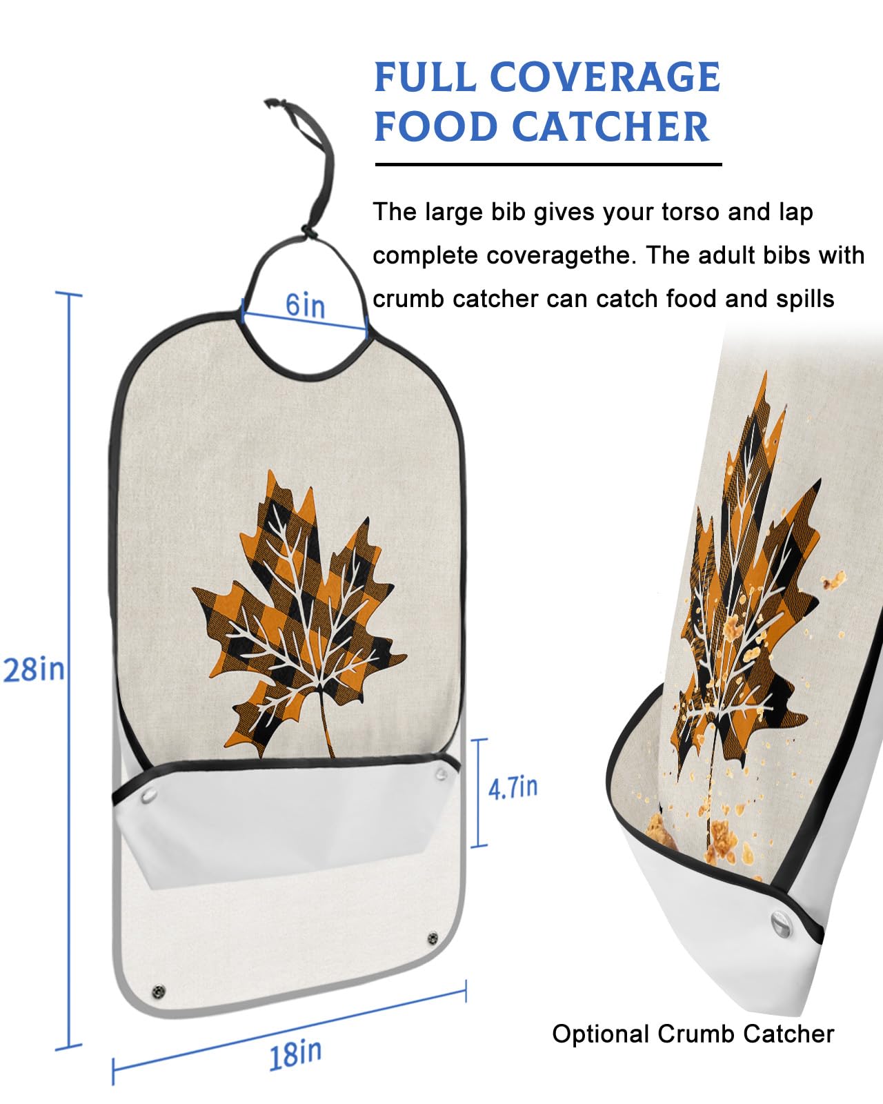 Thanksgiving Maple Leaves Adult Bibs for Eating, Waterproof Bibs with Food Catcher & Adjustable Snap Closure, Orange Black Plaid Thankful Washable Clothing Protectors Adult Bibs for Elderly Women/Men
