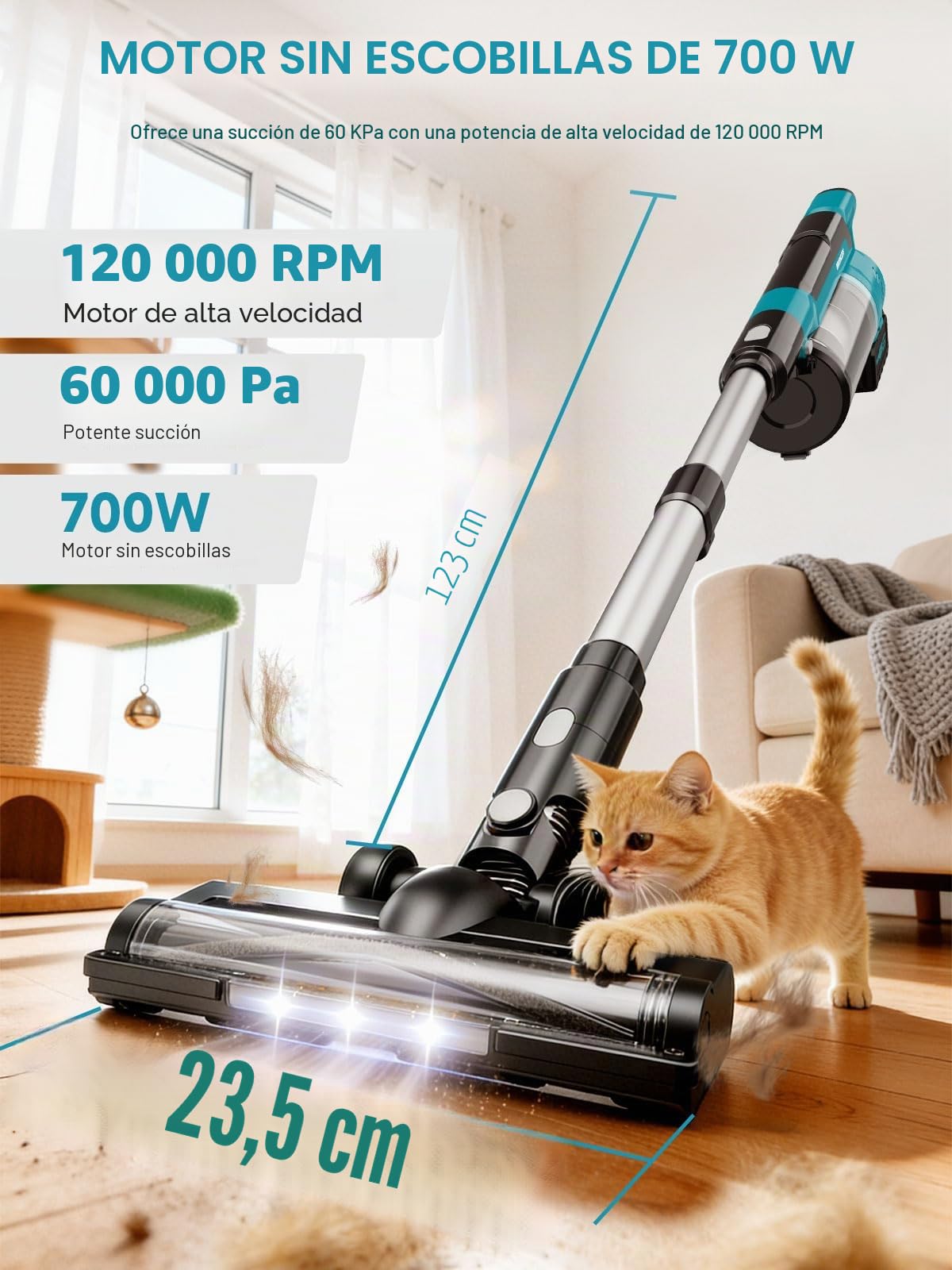 Aspiradora sin Cable 60Kpa/70Min, Cepillo Anti-Enredo Mejorado 2026, 8000mAh Aspiradora Escoba Potente con Luz Verde, Cepillo Antienredos y Pantalla LED, Alfombras/Suelos/Pelo de Mascotas