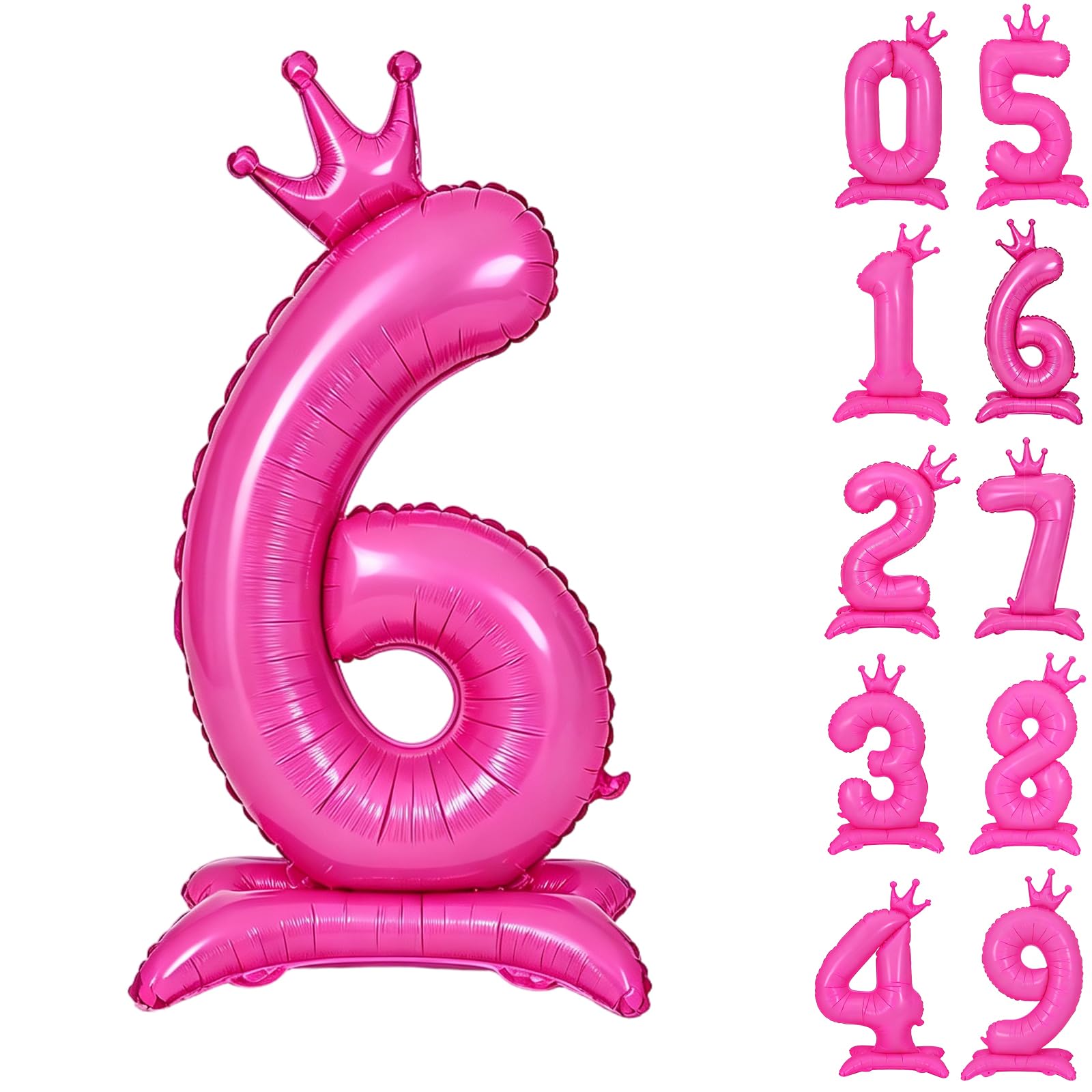 Fluorescent Pink Standing Number 6 Balloon 42 Inch Fluorescent Rose Pink Crown Balloons 0-9 Giant Foil Number 6 Balloon with Crown Birthday Party Decorations Supplies