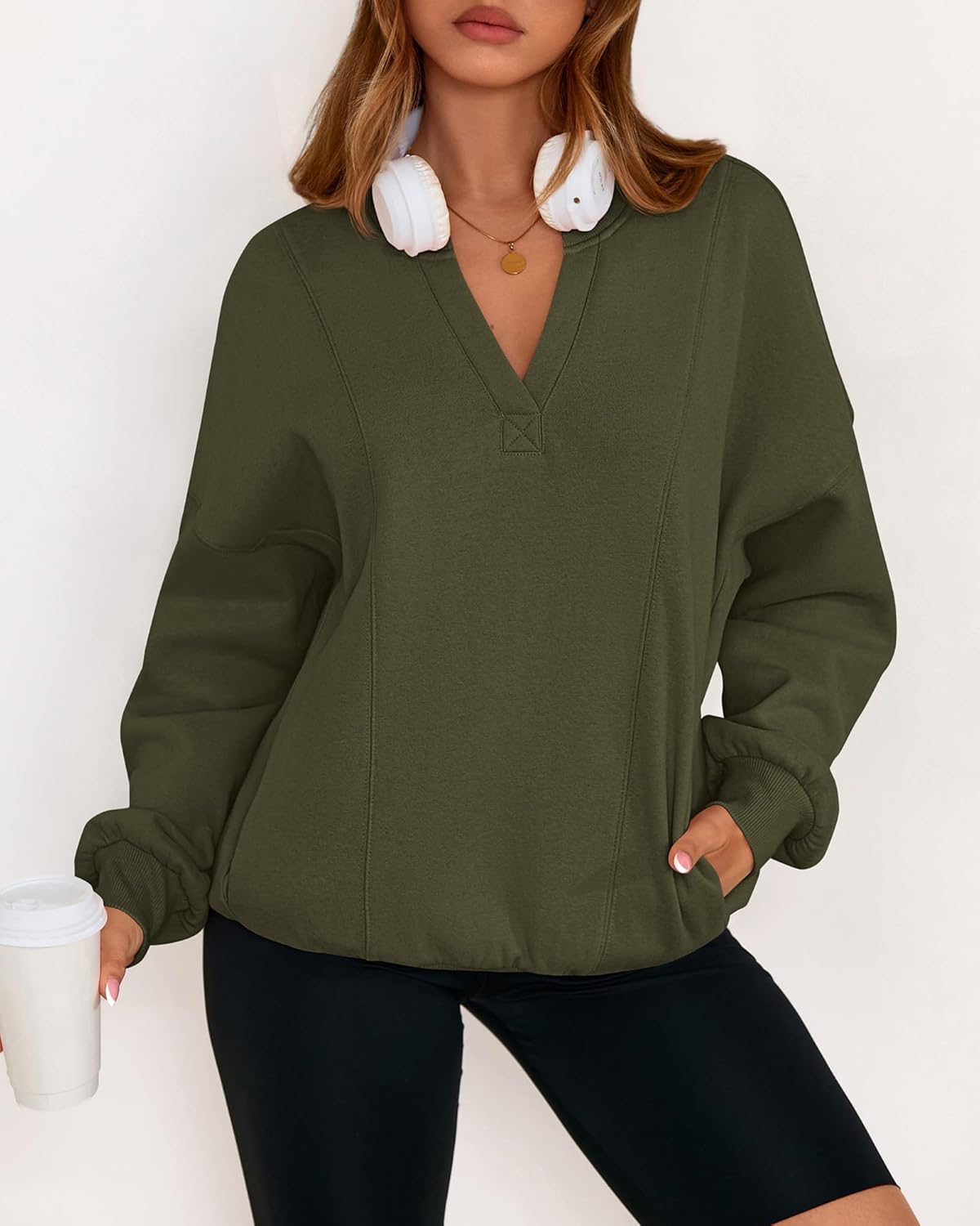 dowerme Oversized Sweatshirt for Women Casual Long Sleeve V Neck Comfy Fleece Pullover Tops Pockets Fall Outfits 2025 - Image 7