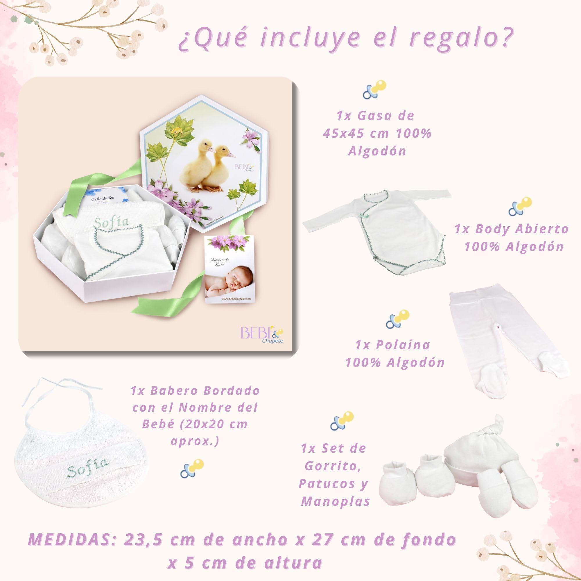 BEBÉCHUPETE Primera puesta Bebe Recien Nacido - Cosas para Bebes Recien Nacidos con Babero Bordado con Nombre - Regalos bebes recien nacidos originales - Kit bebe recien nacido - Cestas bebe (Verde)