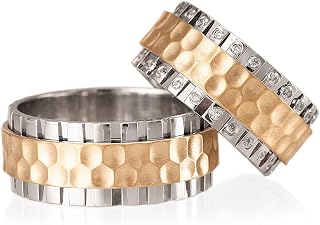 Hammered Wedding Ring Set 14K Gold Plated Couple Matching Wedding Band Set Personalized Man and Woman Silver Wedding Ring Set