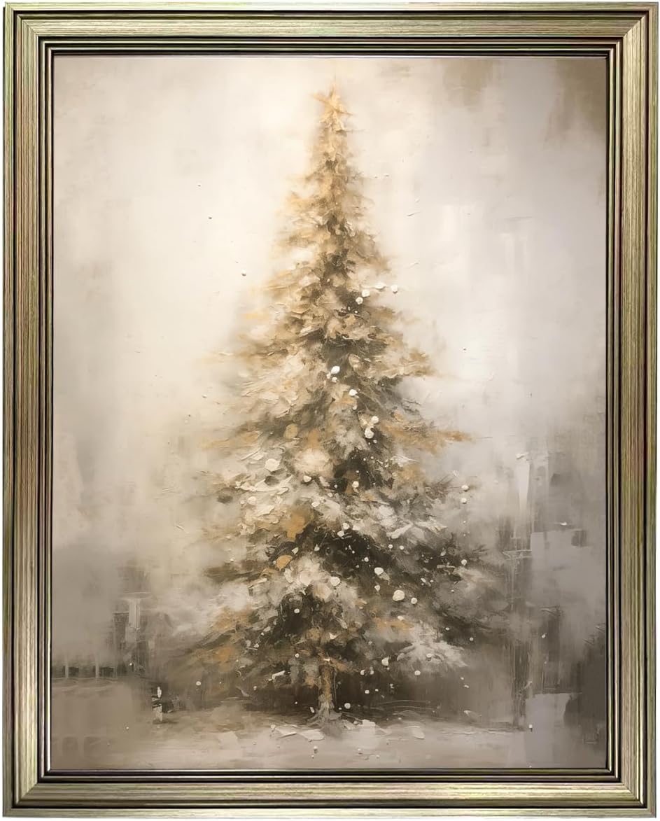 Vintage Christmas Wall Art Framed Christmas Decor Winter Canvas Print Pine Tree Painting Rustic Artwork Home Decor 20"L x 16"W Tree
