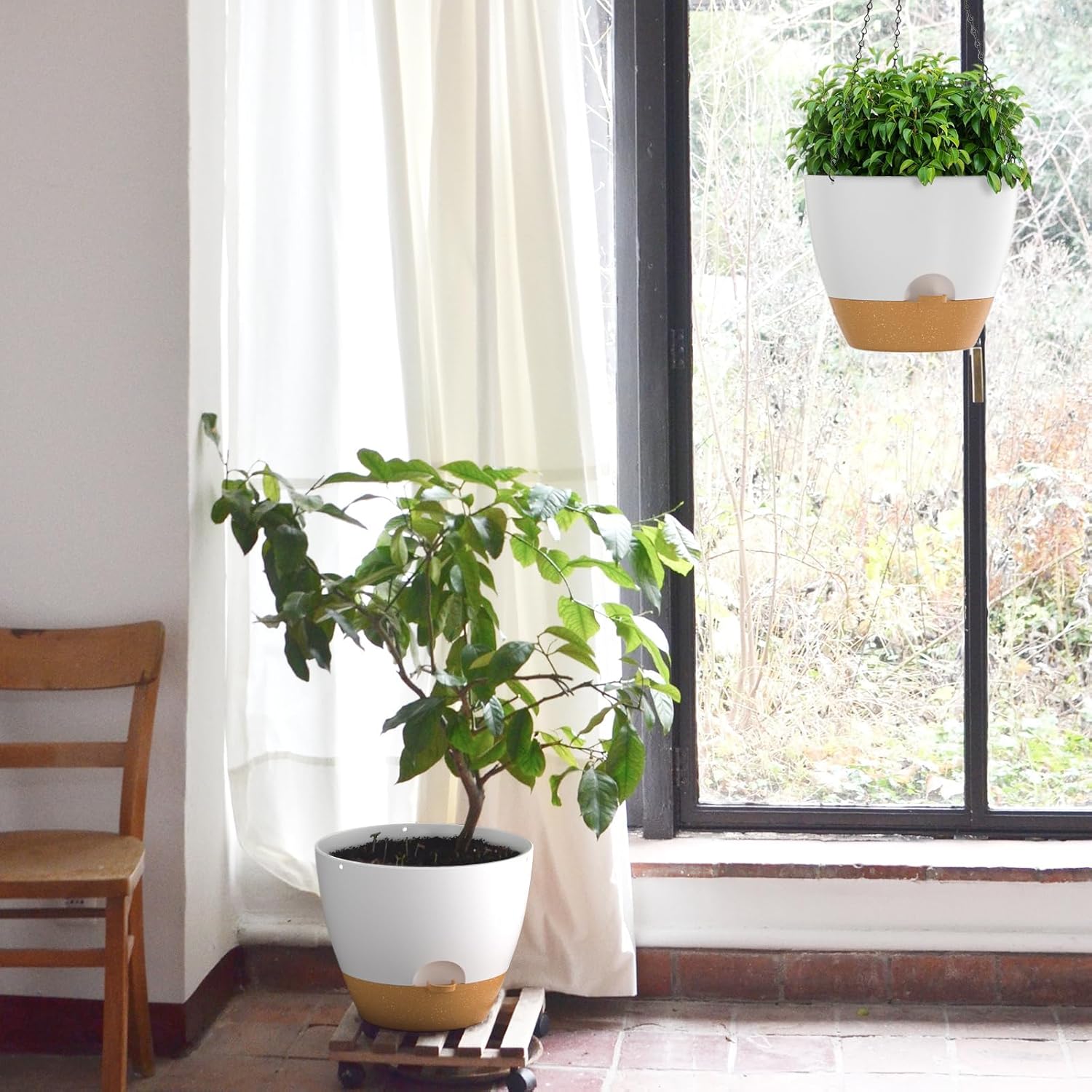 ZMTECH 12 Inch Hanging Planters for Indoor Outdoor Plants, 1 Pack Self Watering Hanging Plant Pots with Drainage Holes and Removable Saucer, Plastic Flower Hanging Pots with Watering Lip (White)