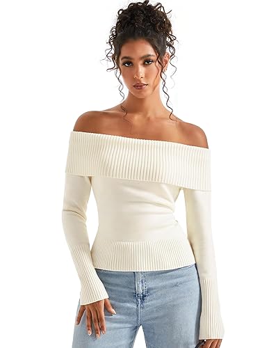 SUUKSESS Women Off Shoulder Sweaters Long Sleeve Ribbed Knit Going Out Fall Tops Blouse - Medium - Cream White