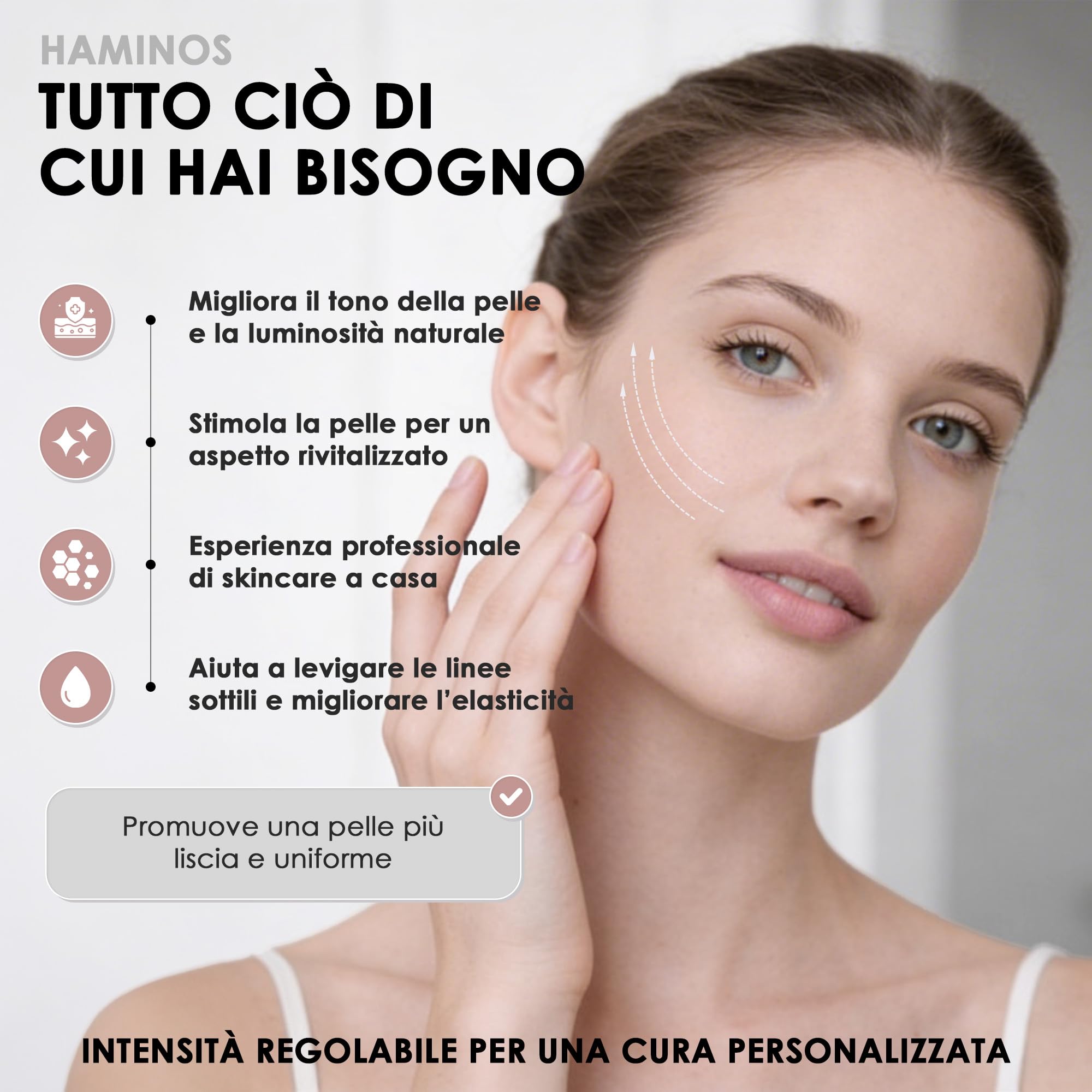 HAMINOS Massaggiatore Viso con Microcorrenti e Roller 3D, 3 Livelli di Intensità, Massaggiatore Viso Elettrico per Lifting, Viso, Collo, Braccia e Gambe, USO OBBLIGATORIO CON IL SIERO