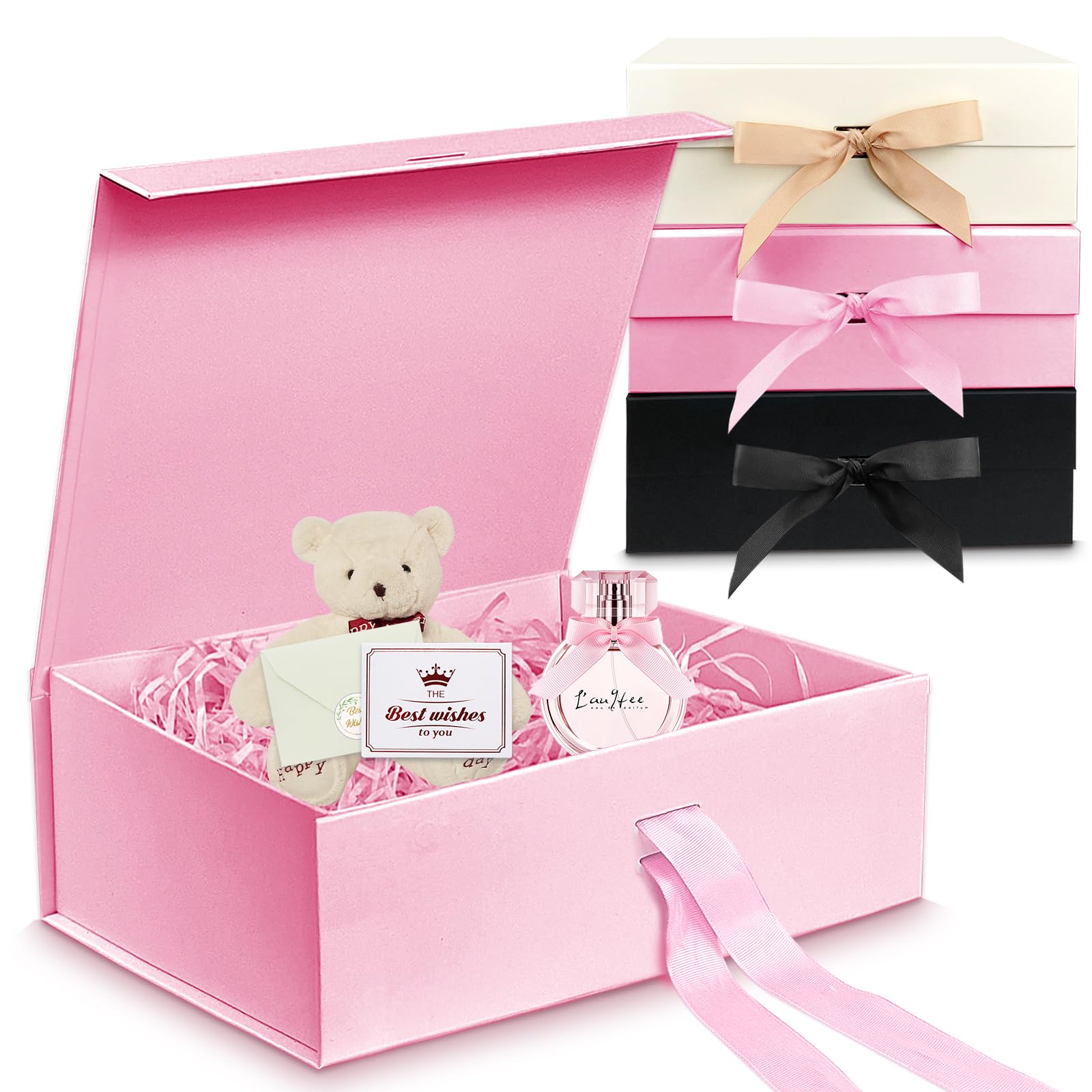 Gift Box,Luxury Magnetic Gift Box with Lid Ribbon Greeting Card Shredded Paper,Gift Packaging Box for Present Birthday Christmas Wedding Anniversary Festival (Pink, 9.4x7.3x4.1 Inches)