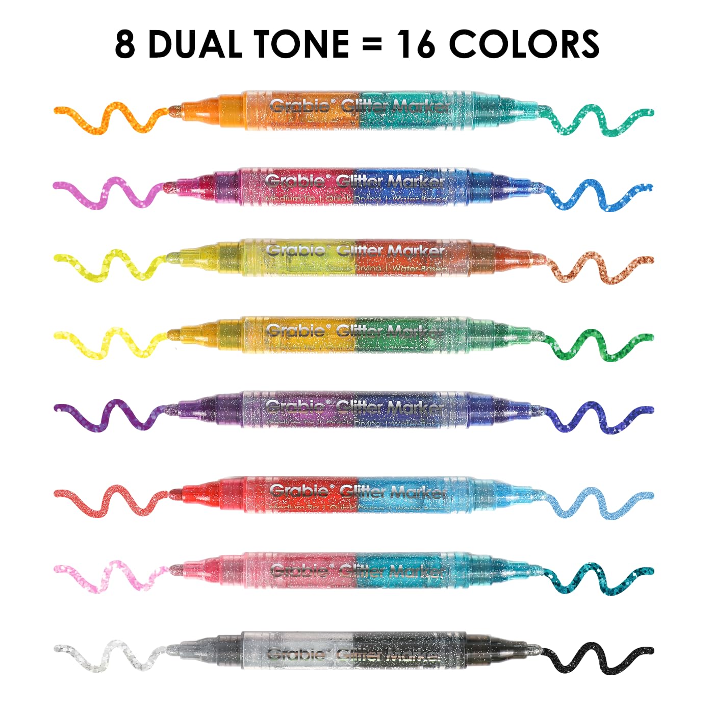 Grabie 24 Glitter Metallic Markers, Medium Tip Glitter Acrylic Paint Markers, Quick-Drying Water-based Ink Glitter Pens for Adults, DIY Crafts Making, Set of 24: Dual Tip 16 Colos Pack of 8