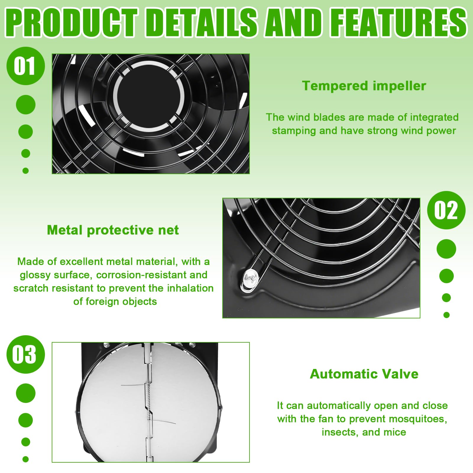 Ventilatore di scarico da 150 mm con valvola di ritorno - Potente ventilatore da bagno in acciaio inossidabile, ventilatore a parete 600 m³/h per cucina, bagno, garage, officina - Nero