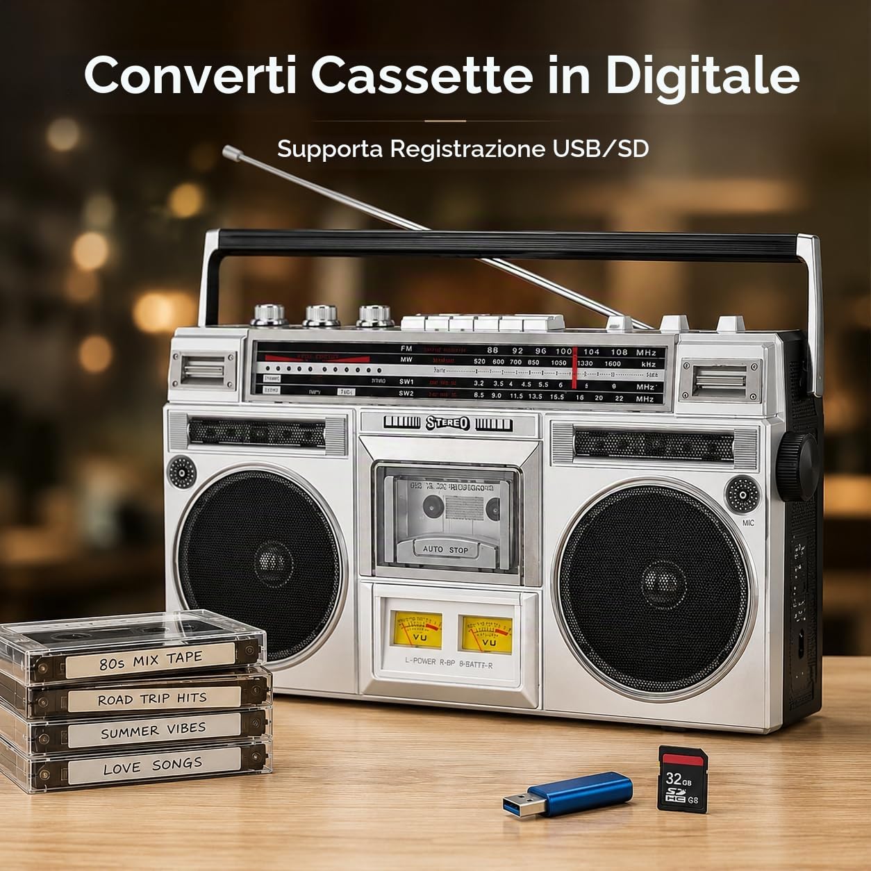 Generic Lettore a cassette Bluetooth Boombox retrò - Registratore a nastro CD con radio FM/DAB+ e registrazione USB, stereo portatile in stile anni '80 per riunioni di famiglia e viaggi