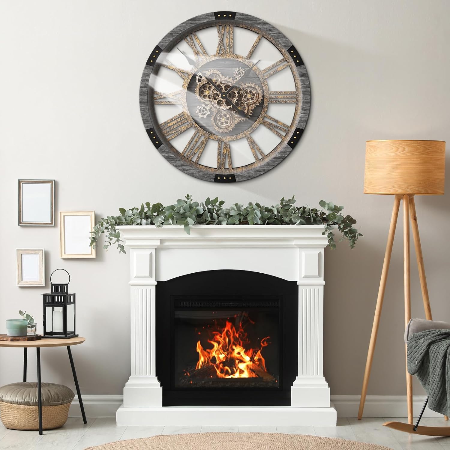 DORBOKER 36" Extra Large Wall Clock with Moving Gears, Oversized Giant Industrial Steampunk Rustic Clocks for Wall Decor Living Room Home Office, Solid Wood Retro Metal,Carbon Grey