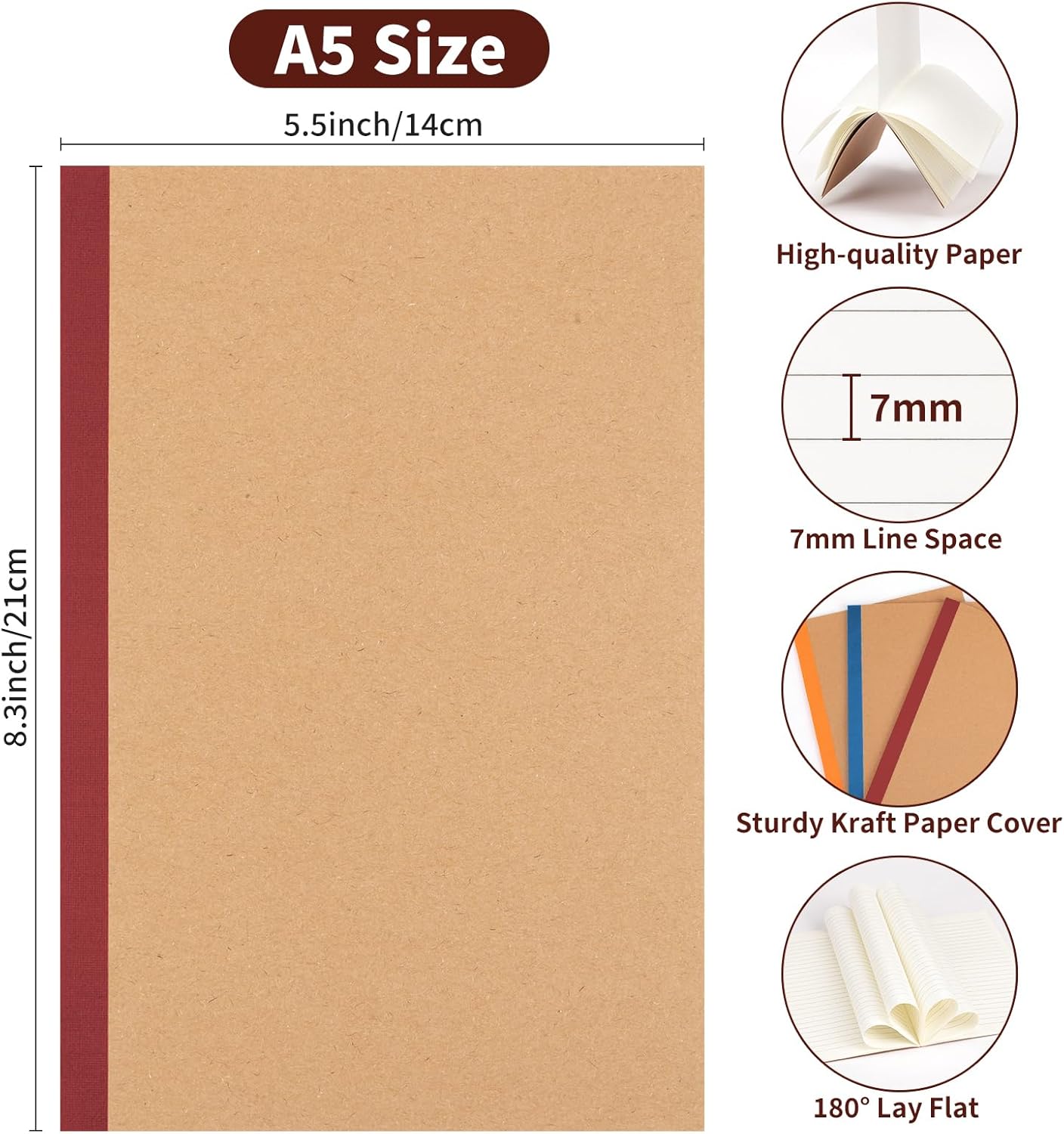 ALKALO 30 Pack Lined Notebook Journals Bulk, A5 College Ruled Composition Notebook, 8.3”x 5.5”, Kraft Cover with Vintage Spines, 15 Colors 60 Pages for School Office Travel(Vintage-Lined-30 pack)