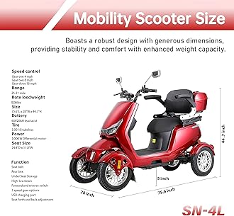 1000W 15 MPH Heavy Duty 4 Wheel Mobility Scooter 500lbs Loadweight, 3 Speed Control Mobility Scooters with 31 Mile Long Range Battery for Seniors & Adults Travel, 20° Max Climbing, Remote Key, Red