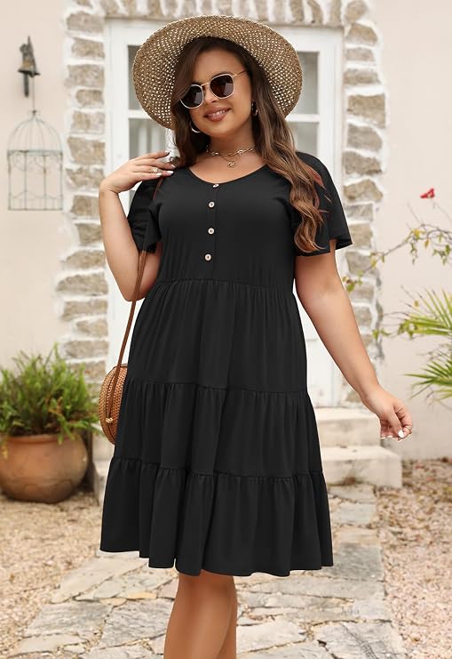 Nemidor Women Plus Size Casual Swing Dress Tiered Midi Pocket