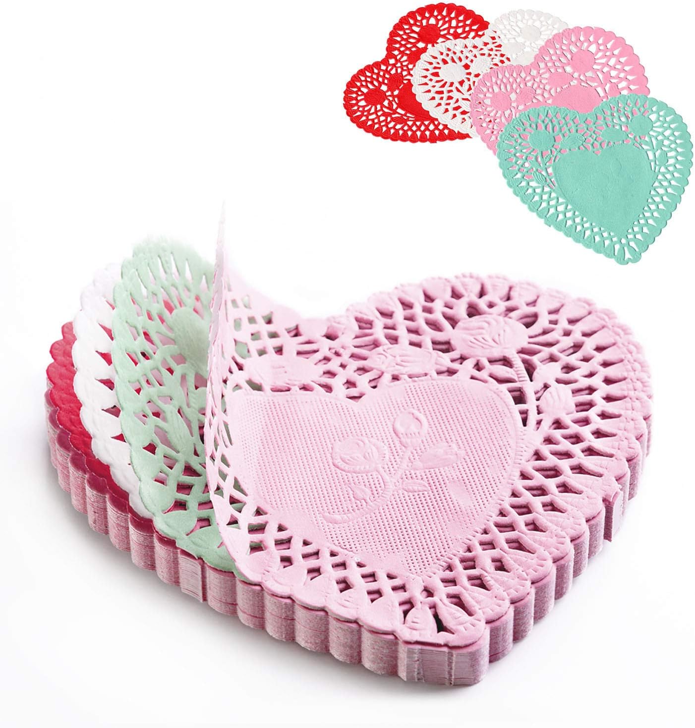 Heart Doilies: Elegant Paper Doilies for Crafts and Valentines 4 inch - 100 Pcs of Paper Heart Doilies in Red, Pink, White, Blue (25 Each) - Perfect for creative decorations.
