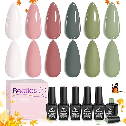 Miniatura 1 de Beetles - Esmalte de uñas de gel, 6 colores verde salvia, colección Tranquil Grace, rosa, verde oliva, blanco, esmalte de uñas de gel UV, manicura,