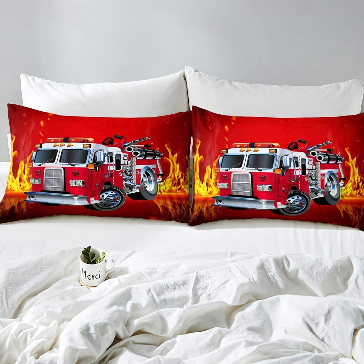 Loussiesd Feuerwehrmann LKW Bettbezug Set Kinder Feuerwehr Auto Fahrzeug Bettwäsche Set 135x200cm für Jungen Mädchen Kinder Schlafzimmer Dekor Feuerwehr Muster Betten Set Rot Mit 1 Kissenbezug