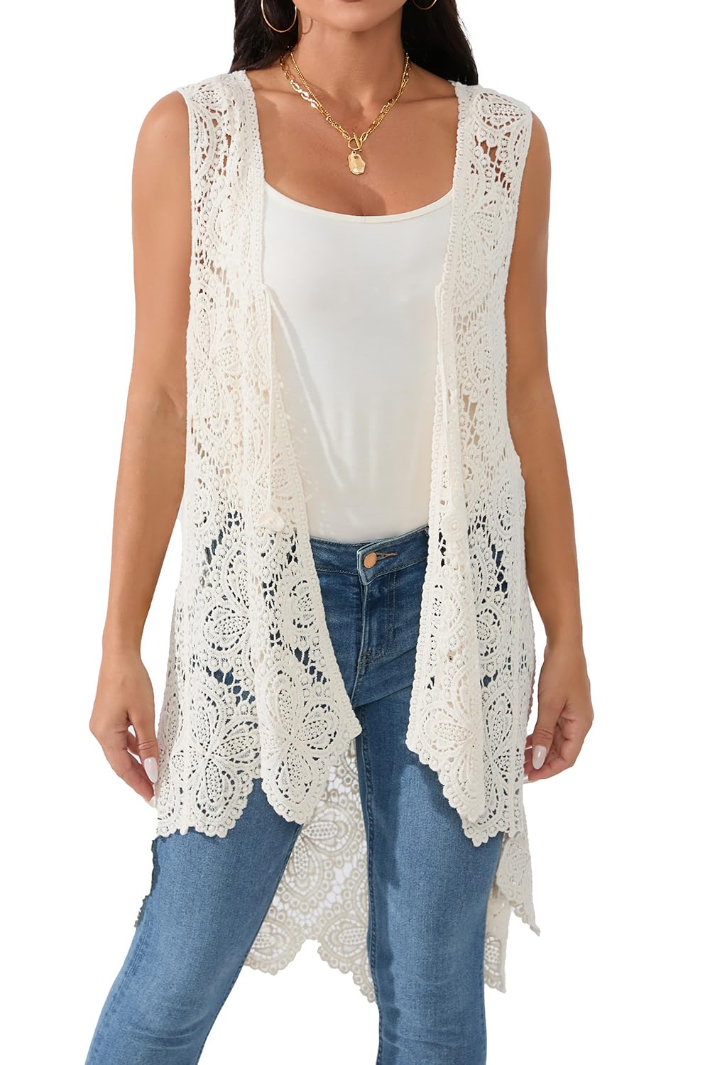 wesure Women's Crochet Lace Vest Boho Sleeveless Kimono Irregular Hem Cardigan-picture-14