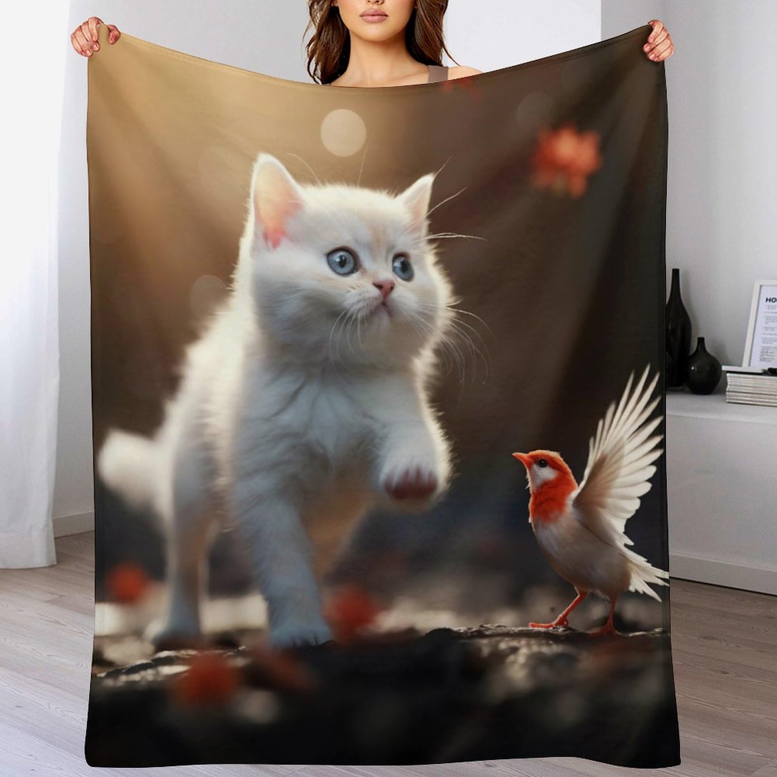 Couverture flannel chat mignon de 140x180cm douce et chaude pour lit