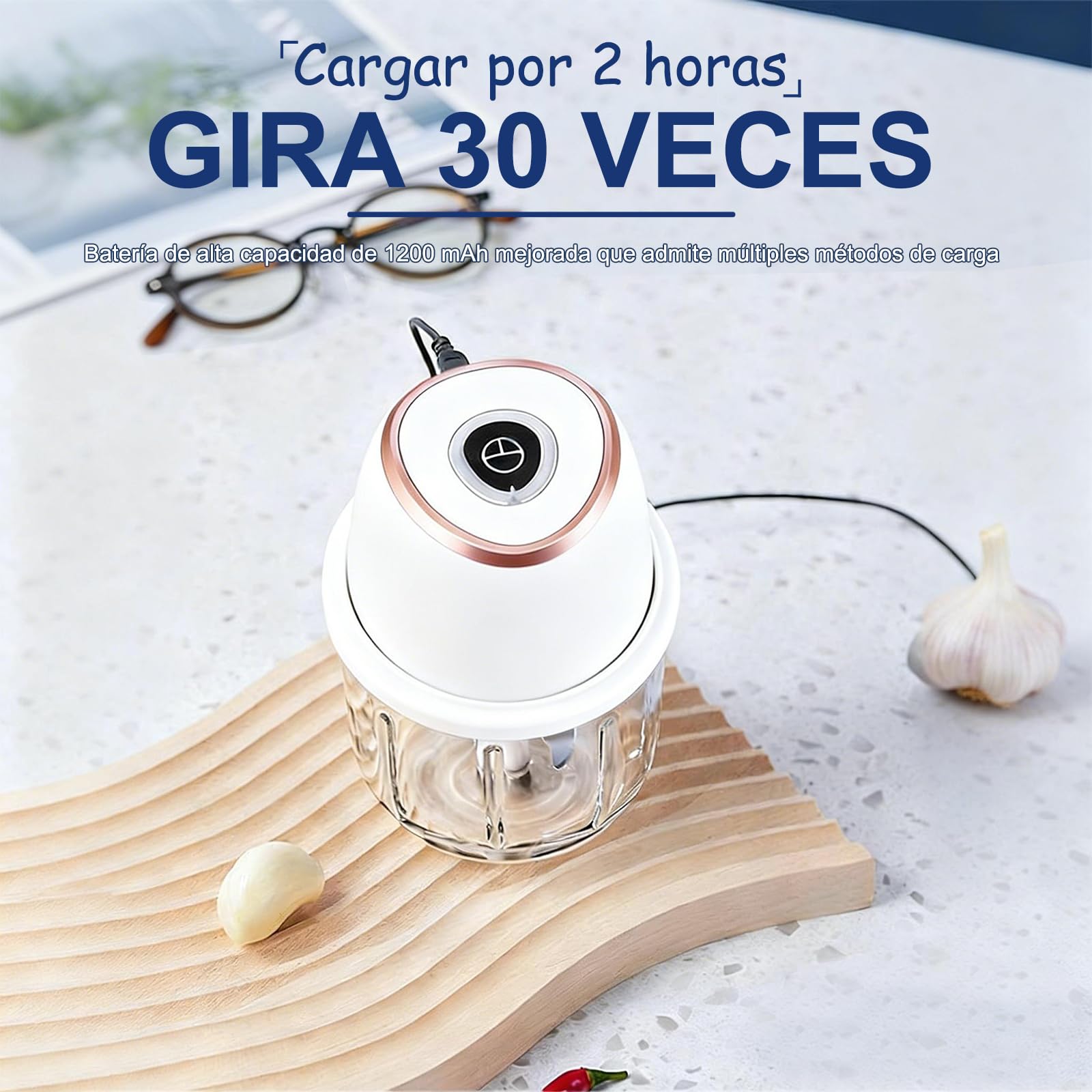 Picadora de cebolla, picadora de cocina, 350 ml, 6 cuchillas de acero inoxidable, con cable de carga tipo C para cocina casera y acampadas, apta para picar carne, cebolla y pimientos (blanca)